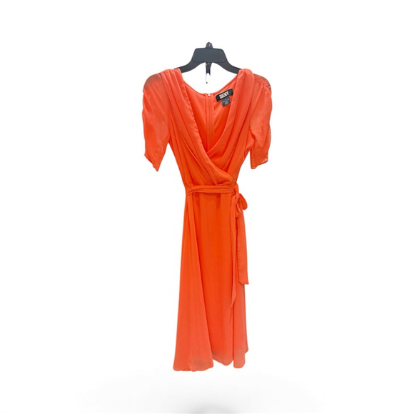 DKNY Women's Coral Wrap Midi Dress with Ruched Sleeves Size 4- Retail Price $140 - Picture 3 of 12